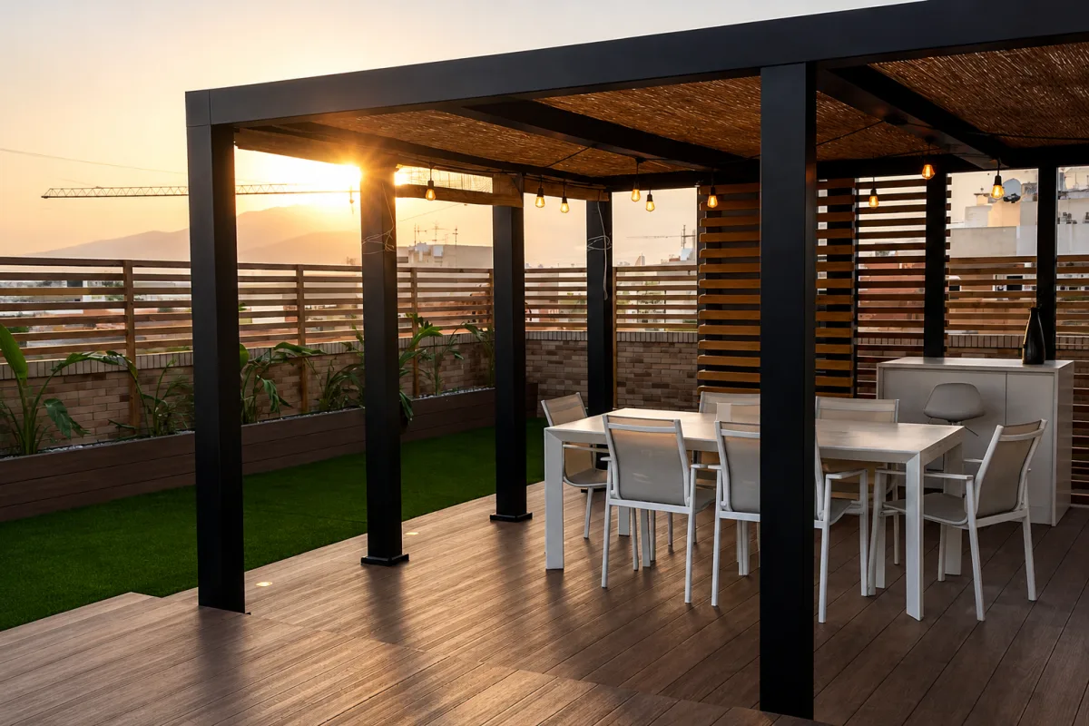Deck de madeira integrado a área externa coberta por pergolado