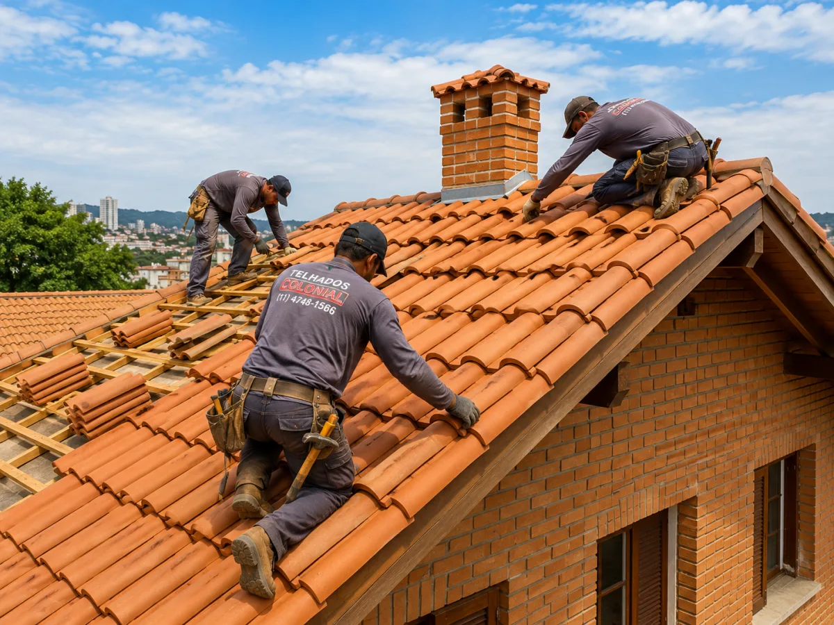 Equipe da Telhados Colonial realizando montagem de telhado com telhas cerâmicas